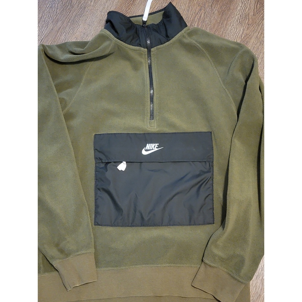 Nike Fleece Pullover Half Zip Olive Green Anorak Pouch Pocket Mens Size S 90s